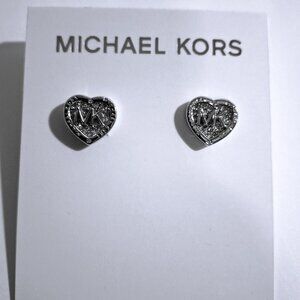 Michael Kors Silver - Tone Pave Heart Logo Stud Earrings NWT